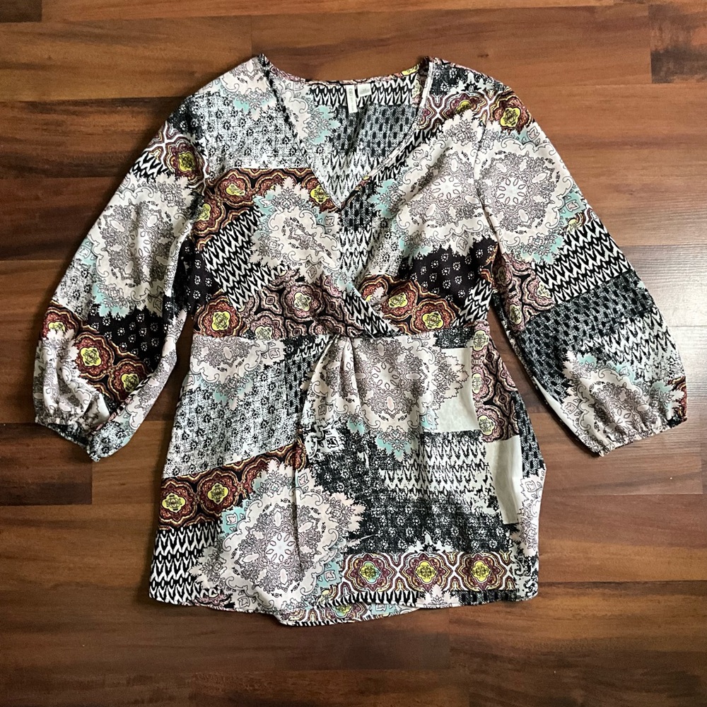 CATO Boho Patchwork Blouse | Medium | V-Neck Peas… - image 1